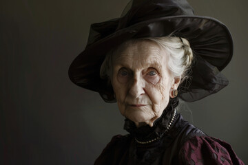 Fototapeta premium Woman in a black hat and dress is looking at the camera