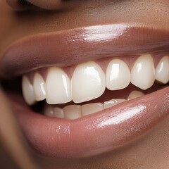 Obraz premium Close-up of smiling woman with perfect white teeth and glossy lips.