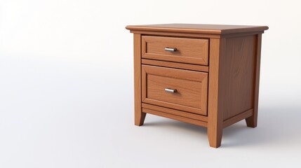Two-drawer wooden bedside table on white background.