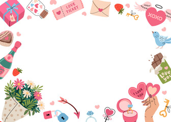 Happy Valentine's Day frame with romantic elements. Horizontal invitation background A4 format. Heart with wings, bouquet flowers, champagne, chocolate, gift and valentine heart. Vector illustration.