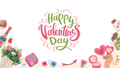 Valentine's Day banner. Frame with romantic elements. Horizontal invitation background. Hand lettering, bouquet flowers, champagne, chocolate, arrow, gift and valentine heart. Vector flat illustration