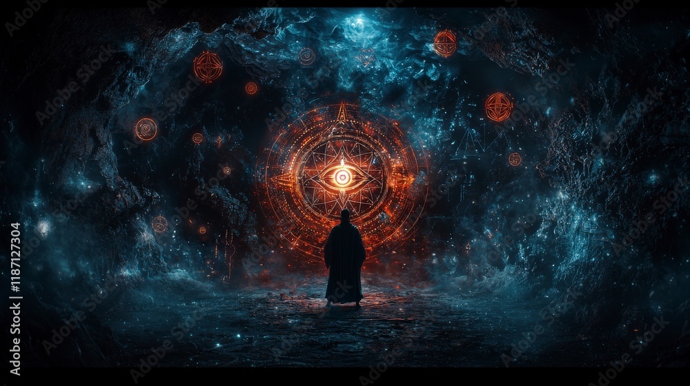 Poster mystical devotee engaged in arcane ritual enchanted cavern digital art surreal environment fantasy c