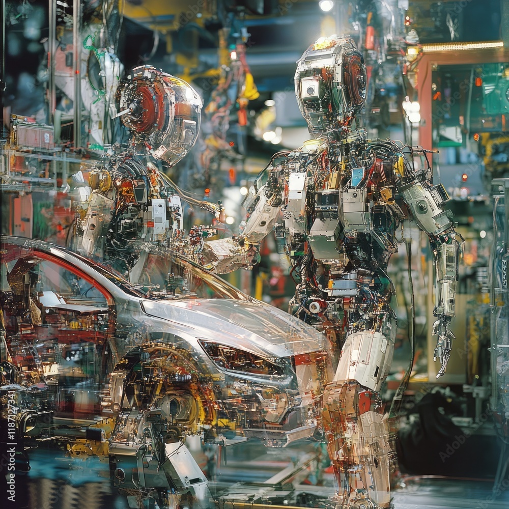 Poster Robots Constructing Futuristic Car In Factory Setting