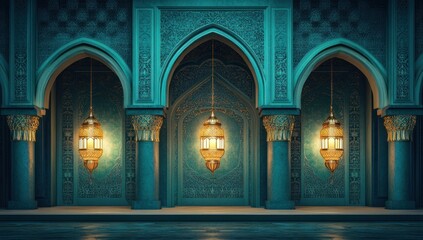 Obraz premium Teal Mosque Arches: Golden Lanterns Illuminate Intricate Design