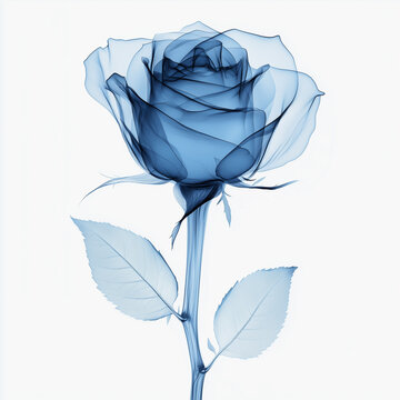 X-ray image of a delicate rose, showcasing its intricate structure in translucent blue.
