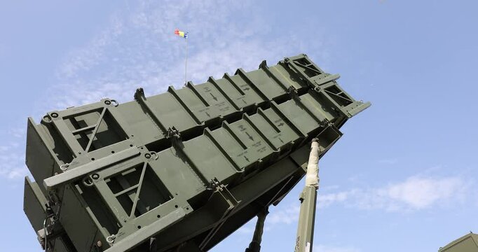 4k movie of Patriot surface-to-air missile system of the Romanian Army is presented to the public at a military equipment exhibition.
