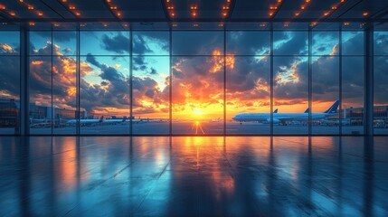 Fototapeta premium Airport Sunset: A Breathtaking View of Airplanes at Sunset Through a Large Panoramic Window