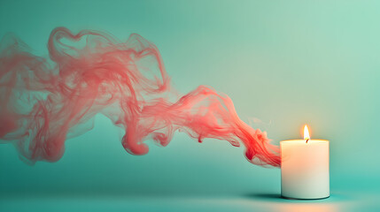 A single candle burning with a steady flame, producing red swirling smoke against a teal...