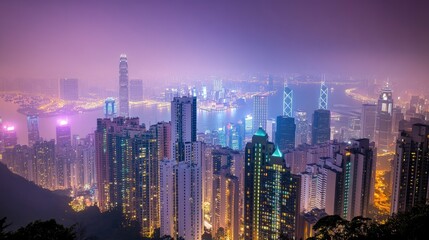 Fototapeta premium Hong Kong Cityscape Night View Illuminated Buildings