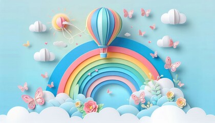Whimsical paper craft scene, pastel colors, hot air balloon, fluffy clouds, rainbow arch, butterflies, flowers, 3D paper art, soft lighting, dreamy atmosphere, children's book illustration style, blue