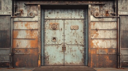 Naklejka premium Rusty Industrial Metal Door: A Vintage Architectural Marvel