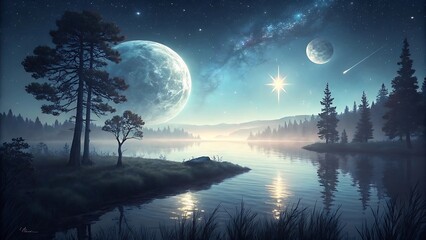 Dual Celestial Bodies Illuminate Tranquil Lake Scene