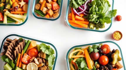Colorful meal prep containers with fresh vegetables and fruits