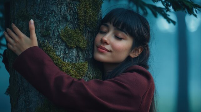 Young woman hugging a tree in a misty forest