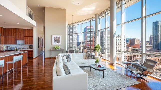 Modern city view apartment with luxury furnishings and hardwood floors