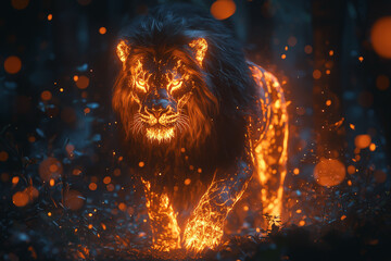 Fiery lion glowing with flames in a dramatic forest background, mythical beast.
