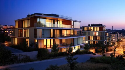 Modern Apartment Buildings Illuminated At Dusk