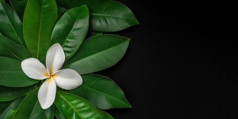 Obraz premium A beautiful white blossom lies delicately on rich green leaves, creating a stunning visual contrast that symbolizes purity, growth, and the beauty of nature.