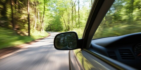 A dynamic scene captures a speeding car navigating a winding road through a vibrant green forest, embodying freedom, adventure, and a connection to nature.