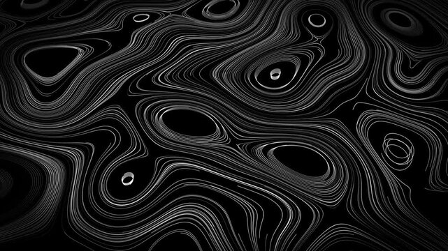 Turbulence of particle lines. Digital technological animation. Abstract animated contour topographic. Contour map or topographic texture. Moving waves on a black background.  4K