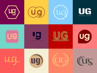 UG logo company template. Letter u and g logotype. Set different classic serif lettering and modern bold text with design elements. Initial font typography.