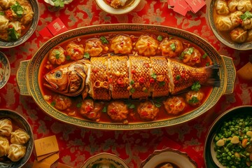 A beautifully presented Chinese New Year fish dish surrounded by savory dumplings in a golden platter, symbolizing prosperity and unity.