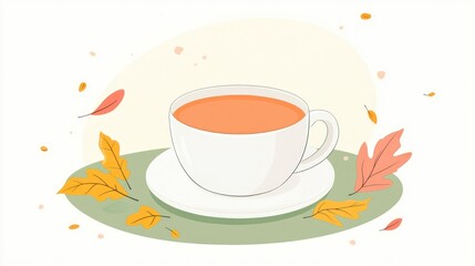 Autumn teacup, fall leaves, cozy drink, seasonal graphic, website banner