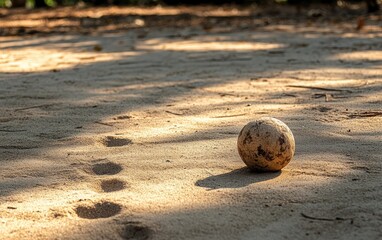 A single old ball lies on a sandy beach, next to a trail of human footprints. The scene is warmly lit by the sun with soft shadows from nearby trees