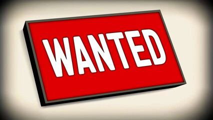 Wanted title. Vibrant red board or label with the "WANTED" title against a simple grey backdrop. For urgency, necessity, or help wanted themes.