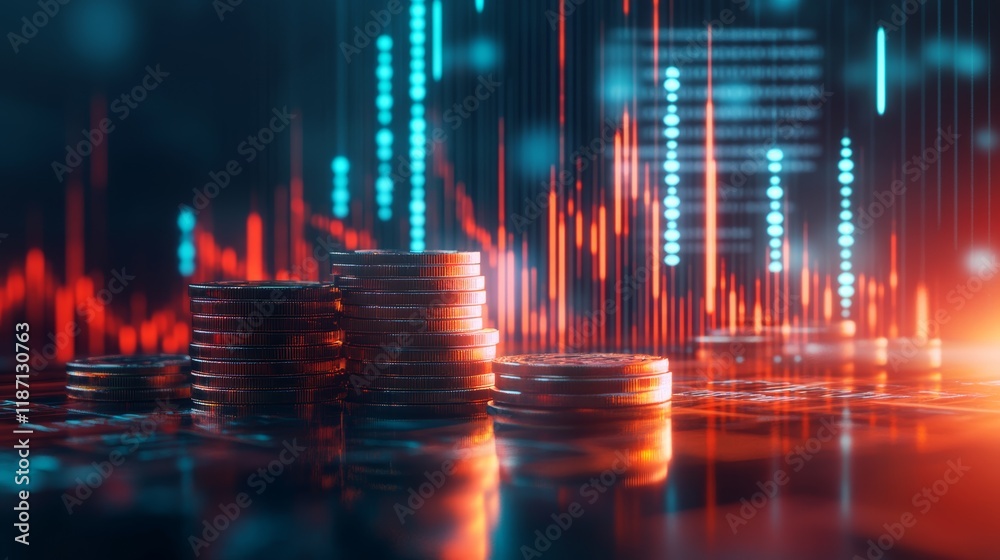 Aufkleber Stacks of coins are reflecting on a surface with stock market charts showing growing trends in the background, creating a powerful visual representation of financial growth and investment success