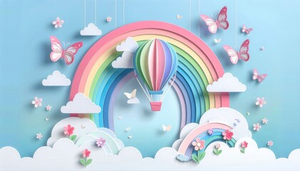 Whimsical paper craft scene, pastel colors, hot air balloon, fluffy clouds, rainbow arch, butterflies, flowers, 3D paper art, soft lighting, dreamy atmosphere, children's book illustration style, blue