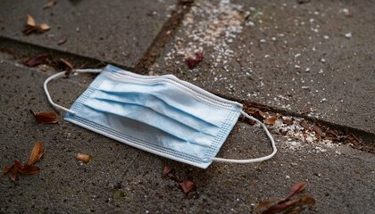 A depiction of an unsafe public place with a mask lying on the ground, scattering infectious particles all around it