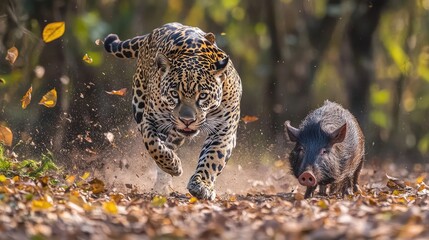 Jaguar Chases Collared Peccary Through Autumn Leaves