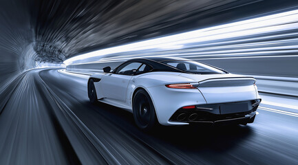 Obraz premium Sleek white sports car speeding through futuristic tunnel with dynamic motion blur. 