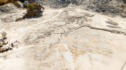 Aerial view of Solfatara in Pozzuoli, near Naples, Italy. It is a shallow volcanic crater part of the Phlegraean Fields volcanic area. It is a sleeping volcano. 