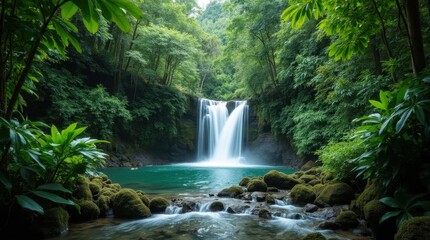 Fototapeta premium Lush Tropical Waterfall in Dense Greenery