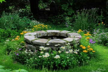 Old stone well surrounded by vibrant wildflowers in a lush green garden setting during daylight. Generative AI