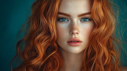 Close-up portrait of a young woman with long, wavy red hair and blue eyes, freckles visible on her face.