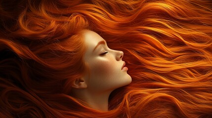 Serene redhead woman with long, flowing hair.