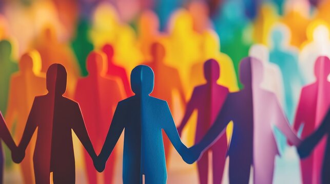 Colorful paper people standing in rows, holding hands and forming a framework for the background of a social media banner.