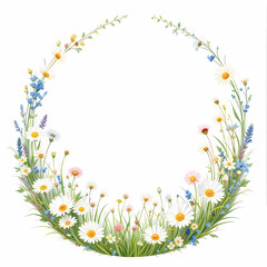 Obraz premium Charming Watercolor Spring Floral Round Frame with Daisies and Wildflowers