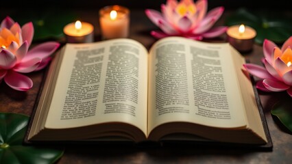Buddhism, Three jewels: Buddha, Dharma, SanghaMinimalist photo of a circle of monks discussing teachings, warm temple lighting highlighting serene expressions..