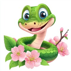 A cheerful cartoon snake surrounded by pink flowers, exuding a friendly and playful vibe.
