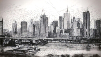 Stunning sketch-style cityscape panorama.  Perfect for urban design, architecture, travel, or modern city themes. Evokes a sense of movement and energy.