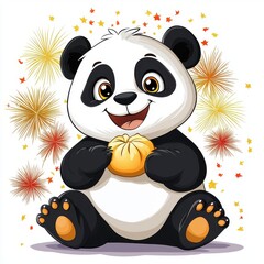 Obraz premium A cute cartoon panda holding a bun, surrounded by colorful fireworks, radiating joy and celebration.