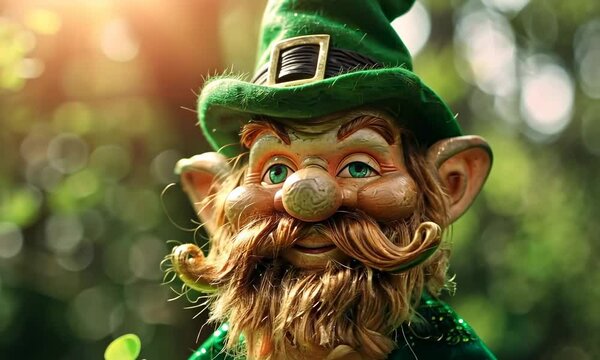 Figurine of bearded, green-hatted leprechaun in sunny forest setting