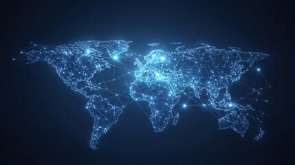 A futuristic glowing digital world map with interconnected points and bright blue lines symbolizing global communication and technology

