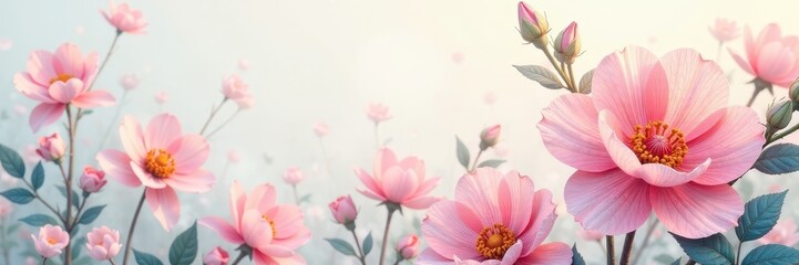 Delicate flower illustrations in soft pastel hues on a luxurious paper , traditional, wedding invitation