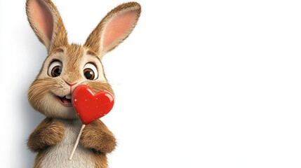 Fototapeta premium A cute animated rabbit holding a red heart-shaped lollipop, exuding joy and affection with a big smile.