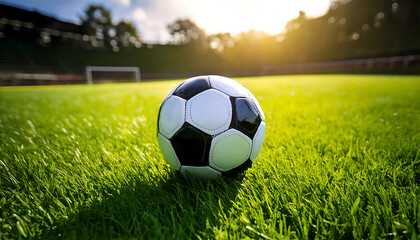Fototapeta premium Classic soccer ball rests on lush green grass of a sun-drenched stadium. Perfect for sports, advertising, or website banners. Evokes feelings of excitement and competition.